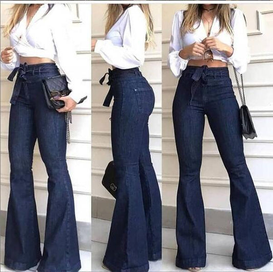 High-Rise Micro-Elastic Lace-Up Flared Trousers Wide-Leg Jeans