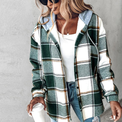 European And American Fashion Women's Wear Solid Color Plaid Hooded Jacket