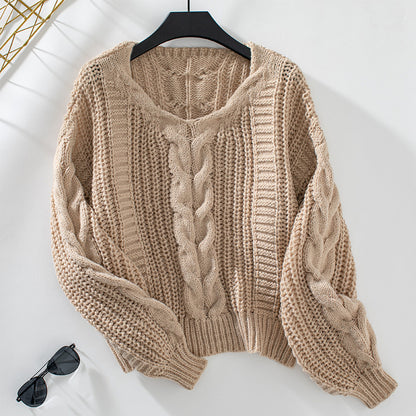 European And American Solid Color Twisted Sweater Women's Autumn Winter Retro Lantern Sleeve Twisted Sweater