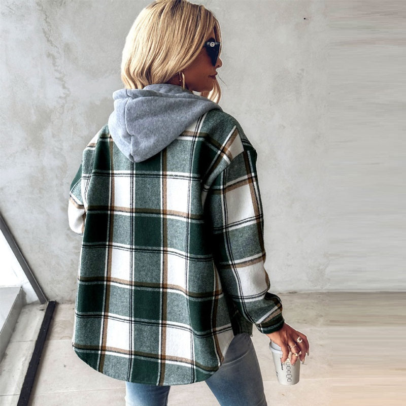 European And American Fashion Women's Wear Solid Color Plaid Hooded Jacket