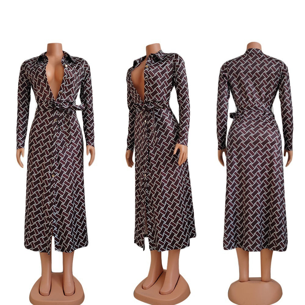 European And American Printed Sexy Lapel Cardigan Dress Containing Belt