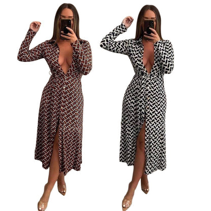 European And American Printed Sexy Lapel Cardigan Dress Containing Belt