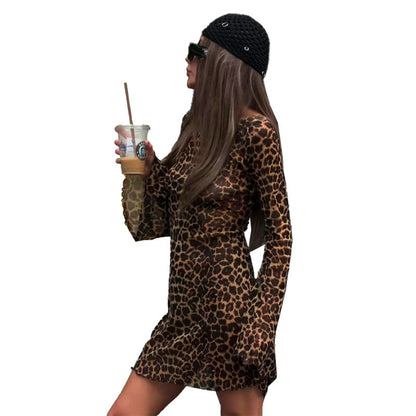 European And American Style Leopard Print Off-neck Bell Sleeve Dress